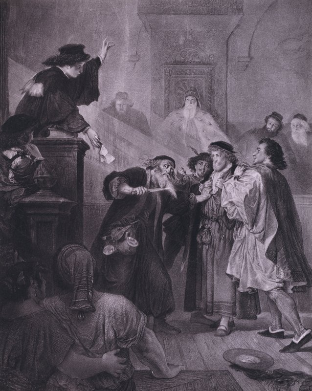 Scene fra Shakespeares The Merchant of Venice (Act IV, Scene 1) (litho) af European School