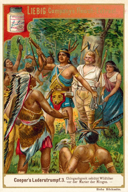 Scene fra The Deerslayer, af James Fenimore Cooper (chromolitho) af European School