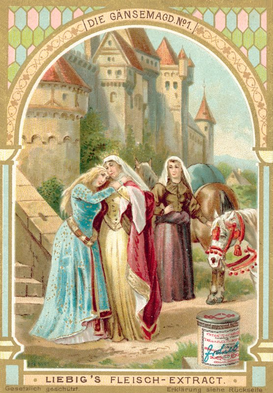 Scene fra Brødrene Grimms eventyr Gåsepigen (chromolitho) af European School
