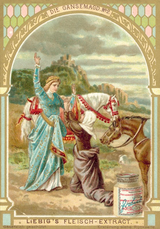 Scene fra Brødrene Grimms eventyr Gåsepigen (chromolitho) af European School