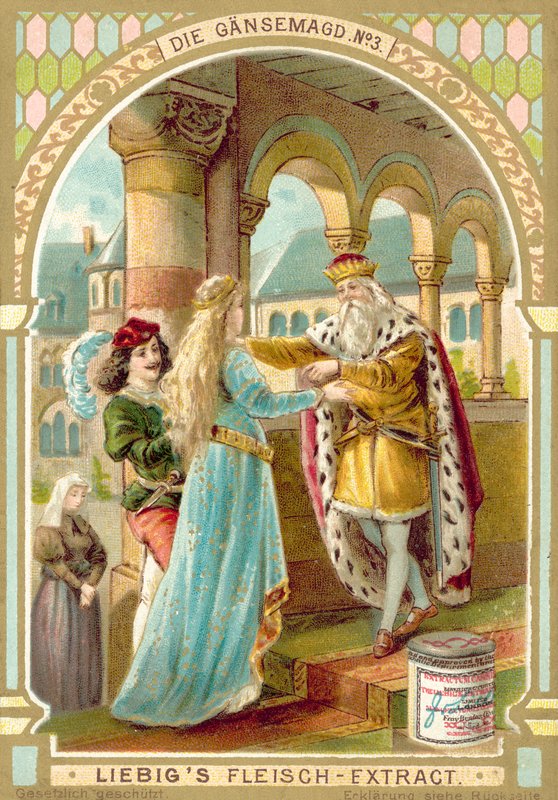 Scene fra Brødrene Grimms eventyr Gåsepigen (chromolitho) af European School