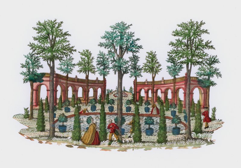 Scene i en italiensk have (farvet gravering) af European School