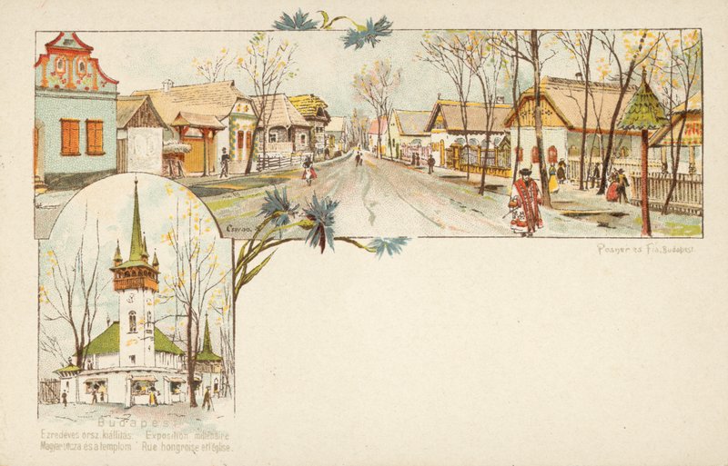 Scener fra Budapest, en ungarsk gade og kirke (chromolitho) af European School