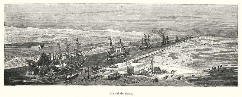 Skibe, der passerer gennem Suez-kanalen, Egypten (litho) af European School