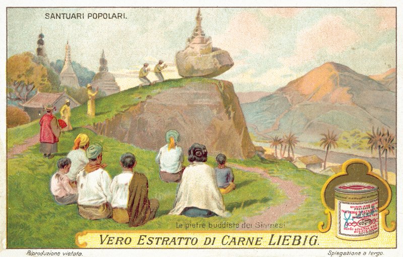 Siamesiske buddhister tilbeder ved en balancerende stenhelligdom (chromolitho) af European School
