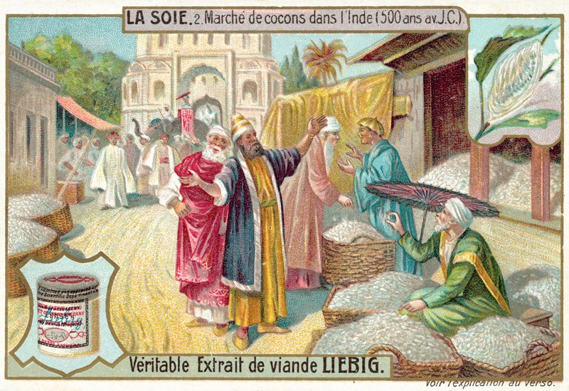 Silkekokonmarked i Indien, 500 f.Kr. (chromolitho) af European School