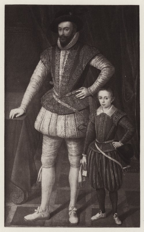 Sir Walter Raleigh og hans søn (litho) af European School