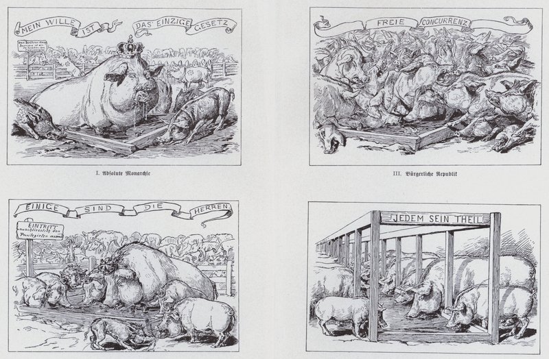 Socialistisk tegneserie fra 1895 om forskellige styreformer (litho) af European School