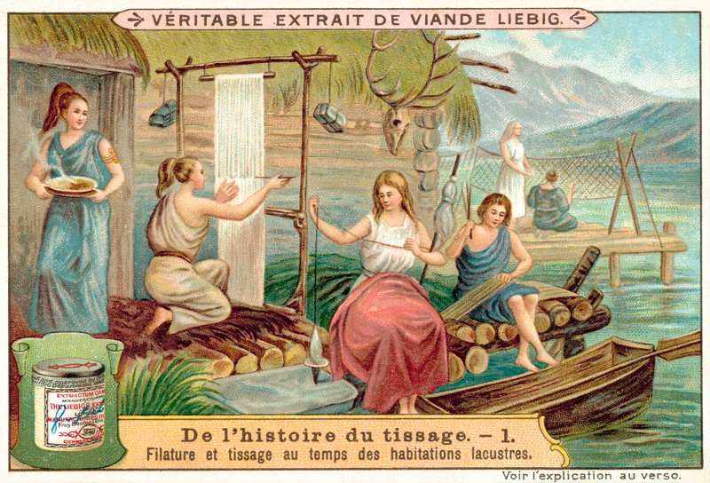 Spinning og vævning i en gammel landsby ved søen (chromolitho) af European School