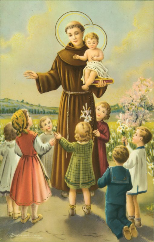 Frans af Assisi med Jesusbarnet og børnene (farvelitografi) af European School