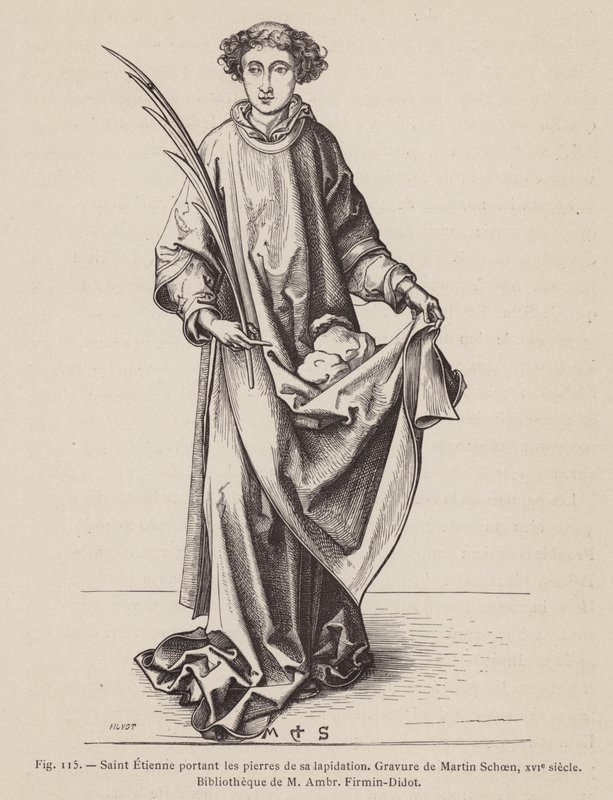 Skt. Stephen bærer en martyrs palmeblad og stenene brugt i hans martyrium (gravering) af European School