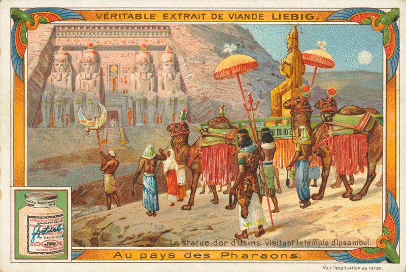 Statue af Osiris på besøg i Ipsambul-templet, Liebig-kort, begyndelsen af det 20. århundrede (chromo) af European School