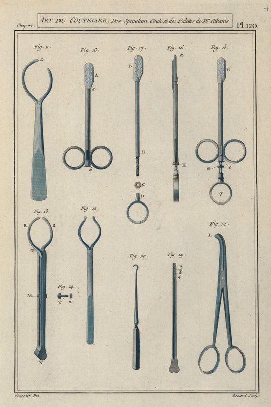 Kirurgiske instrumenter brugt af den franske kirurg Pierre Jean Georges Cabanis (farvet indgravering) af European School