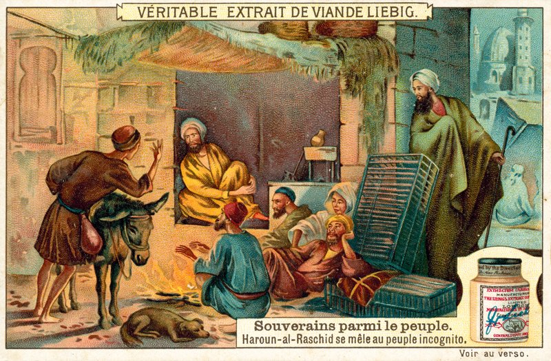 Den abbasidiske kalif Harun al-Rashid blander sig med sit folk inkognito (chromolitho) af European School