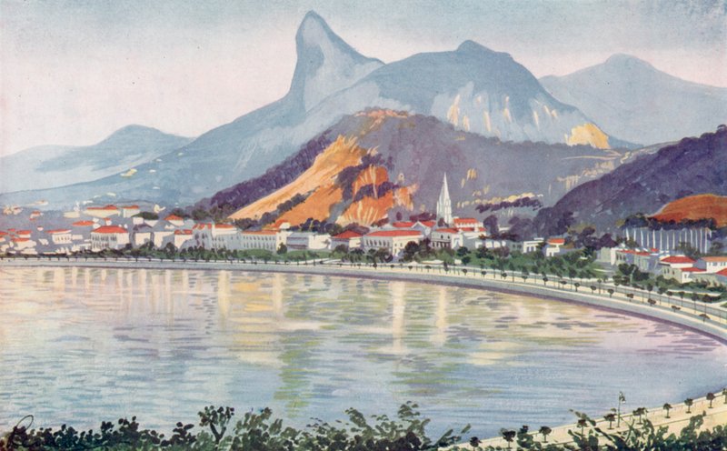 Botafogo-delen af Rios Bayside Avenue med udsigt til Corcovado-bjerget (farvelitografi) af European School