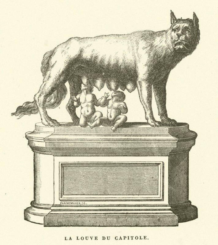 Capitoline Wolf, bronzeskulptur, der forestiller ulven, der dier Romulus og Remus, Roms tvillingegrundlæggere (gravering) af European School
