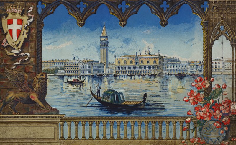 Dogepaladset og Campanile, Venedig (farvelitografi) af European School