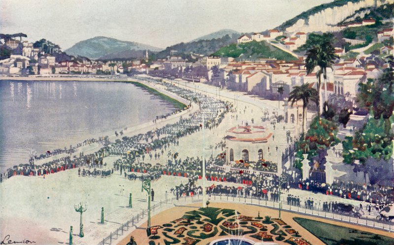 Praia da Lapa og Praca da Gloria, et glimt af militærparaden den 15. november, årsdagen for grundlæggelsen af Republikken Brasilien (farvelitografi) af European School