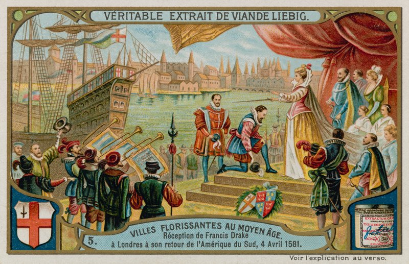 Modtagelsen af Francis Drake til London fra Sydamerika i 1581 (chromolitho) af European School