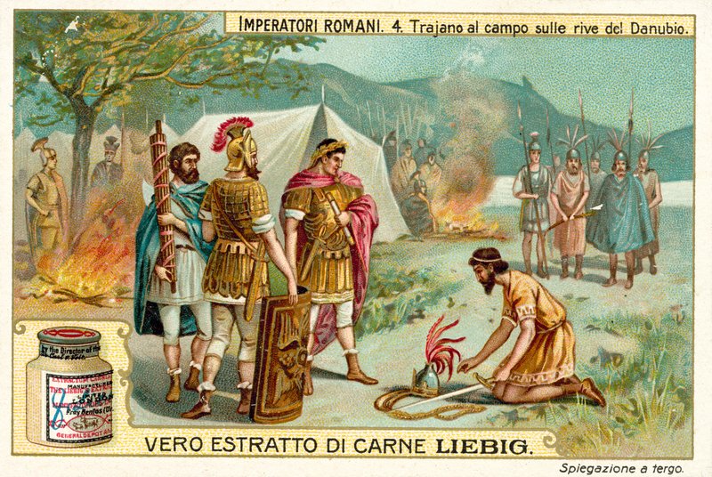 Den romerske kejser Trajan slog lejr ved bredden af Donau (chromolitho) af European School