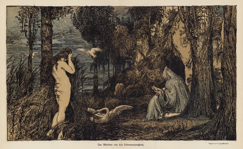 Fortællingen om Svanejomfruen (farve litho) af European School