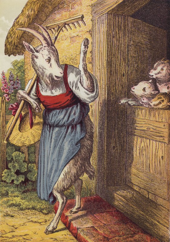 Ulven og de syv unge geder (farve litho) af European School