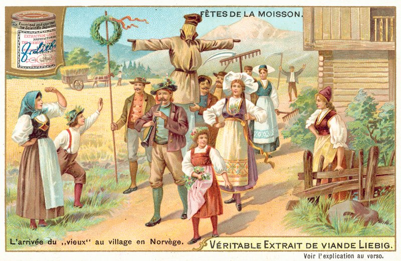 Ankomsten af den "gamle mand" til en landsby i Norge (chromolitho) af European School