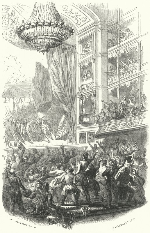 Begyndelsen på den belgiske revolution: opførelse af Daniel Aubers opera La Muette de Porcini på Theatre de la Monnaie i Bruxelles, 25. august 1830 (gravering) af European School