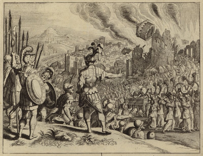 Josvas trompeter, der bringer Jerikos mure ned (gravering) af European School