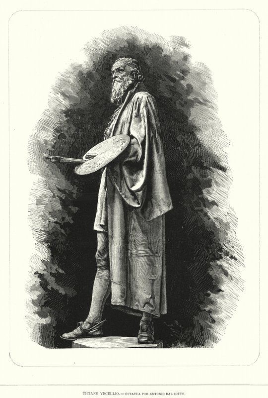 Titian, italiensk renæssancekunstner, statue af Antonio Dal Zotto (litho) af European School