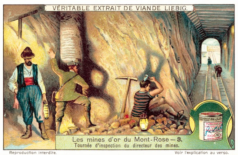 Inspektionsrundvisning af direktøren for Monte Rosa guldminen (chromolitho) af European School