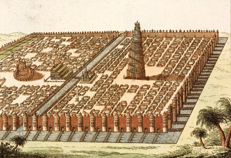 Babels tårn, kongeslottet og Babylons hængende haver (farvegravering) af European School