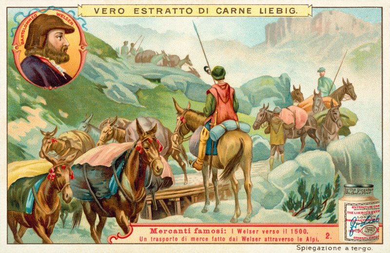 Transport af varer lavet af Bartolomeus Welser over Alperne (chromolitho) af European School
