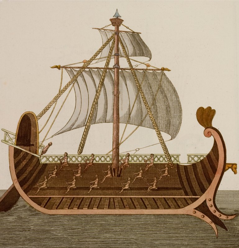 Trireme, krigsskib brugt af de gamle fønikere, grækere og romere (farvet indgravering) af European School