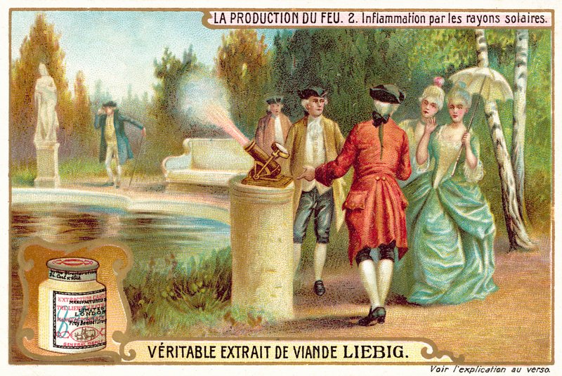 Brug af solens stråler til at tænde bål (chromolitho) af European School