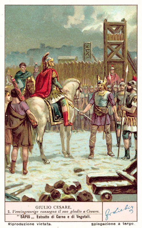 Vercingetorix overgiver sit sværd til Julius Cæsar efter belejringen af Alesia, 52 f.Kr. (chromolitho) af European School