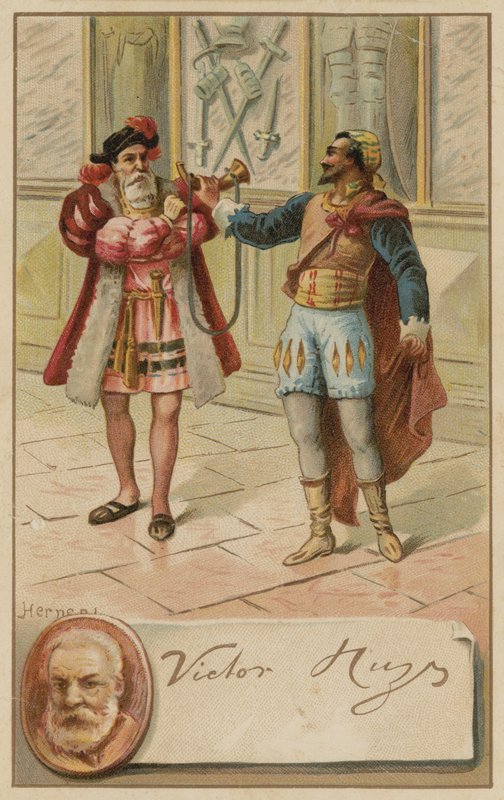 Victor Hugo, fransk forfatter, og en scene fra hans skuespil Hernani (1830) af European School