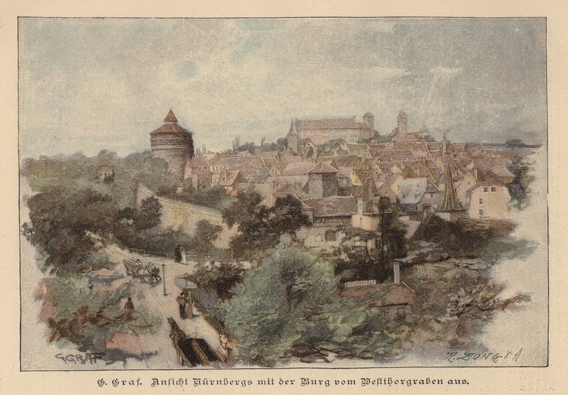 Udsigt over Nürnberg og dets slot, Tyskland (farvet gravering) af European School