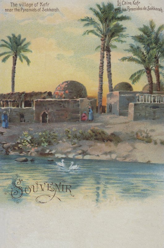 Landsbyen Kafr nær pyramiderne i Saqqara, Egypten (chromolitho) af European School