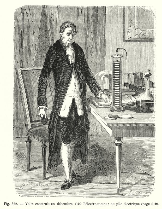 Volta bygger i december 1799 elektromotoren eller den elektriske pæl (gravering) af European School