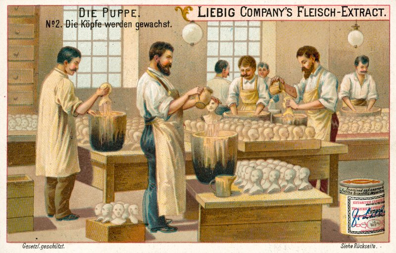 Voksning af dukkehoveder (chromolitho) af European School