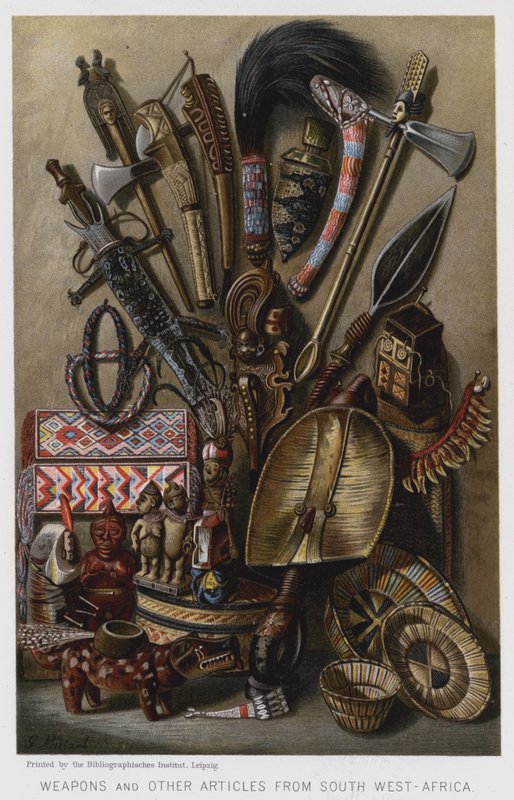 Våben og andre artikler fra Sydvestafrika (chromolitho) af European School