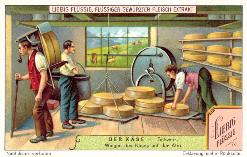 Vejning af schweiziske oste på et alpemejeri (chromolitho) af European School