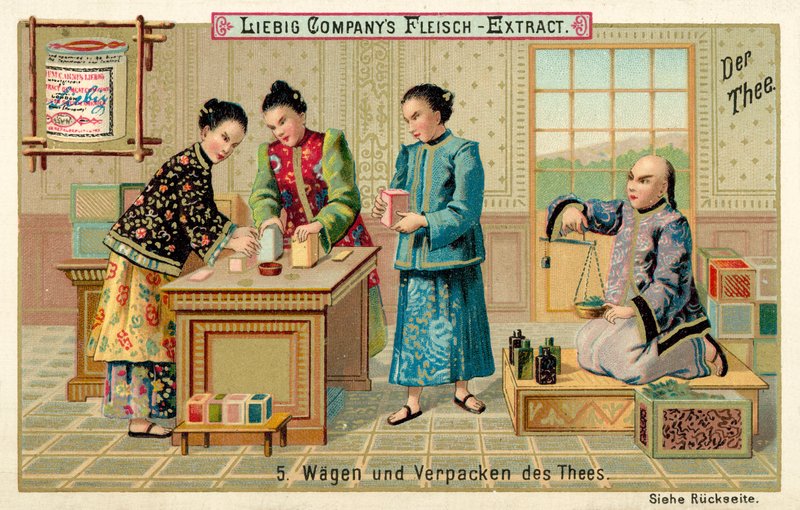 Vejning og pakning af te (chromolitho) af European School