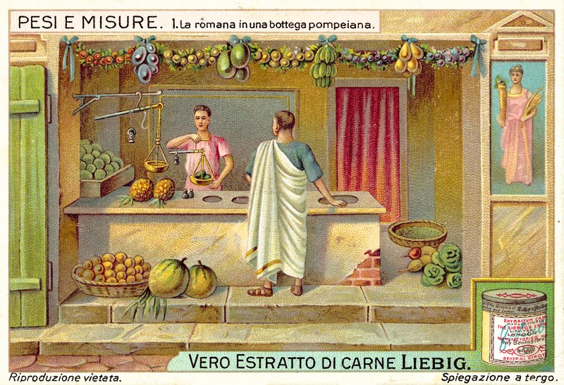 Vejning af frugt i en butik i Pompeji (chromolitho) af European School