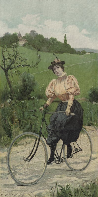 Kvinde kører på cykel på en landevej (farve litho) af European School