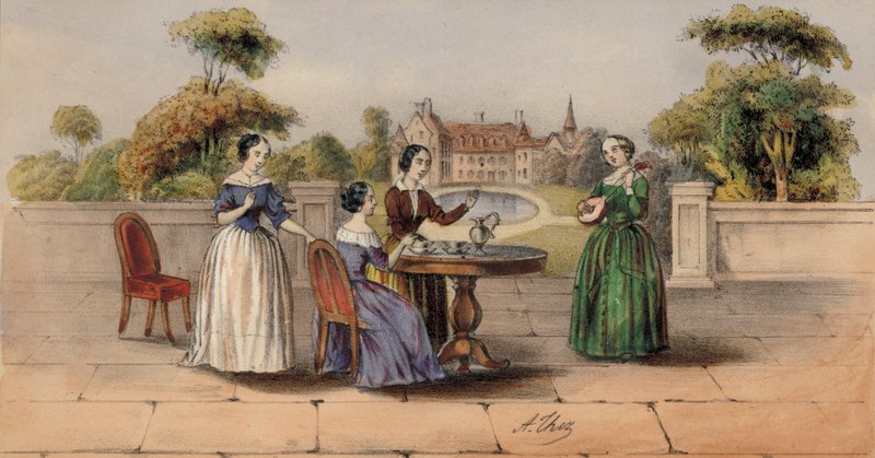 Kvinder drikker te eller kaffe i haven til et landsted (farve litho) af European School