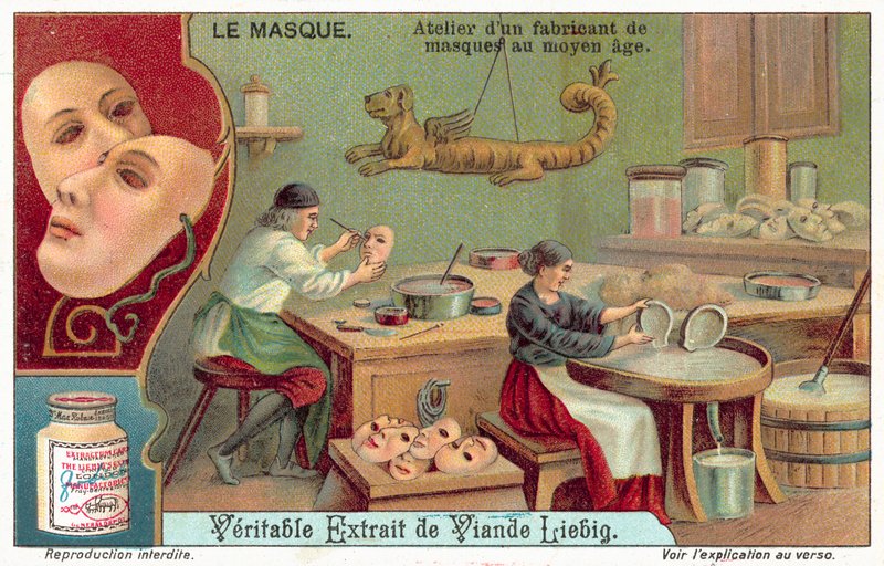 Værksted for en middelalderlig maskemager (chromolitho) af European School