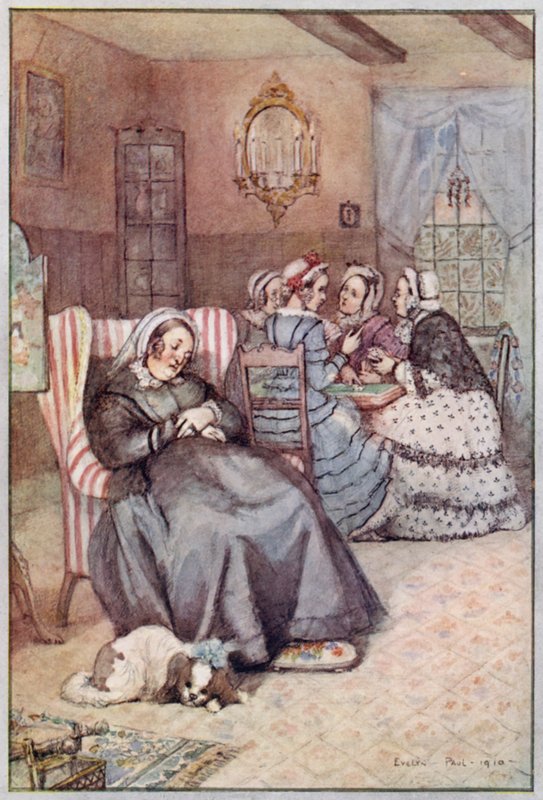 Illustration til Cranford af fru Gaskell (farve litho) af Evelyn Paul