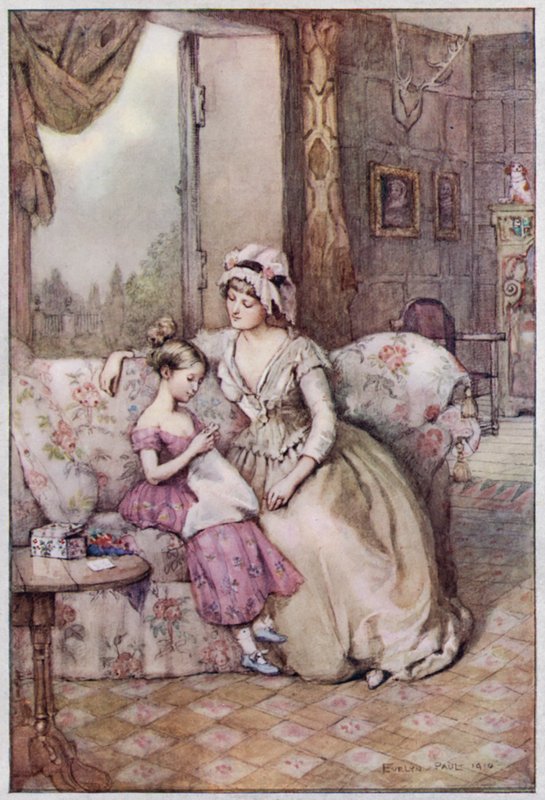 Illustration til Cranford af fru Gaskell (farve litho) af Evelyn Paul